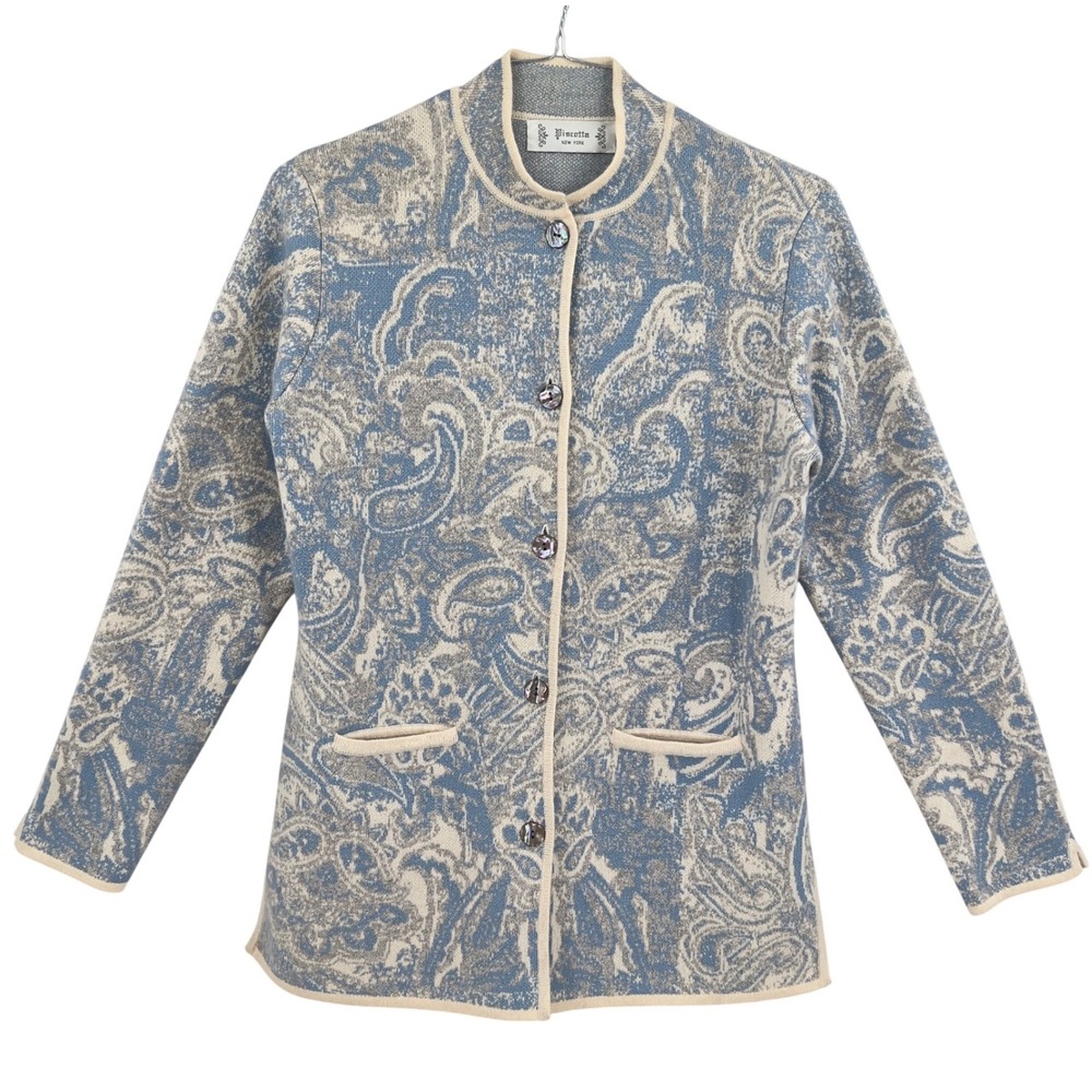 Vintage Piscotta New York Womens 100% Cashmere Paisley Cardigan Jacket Blue M